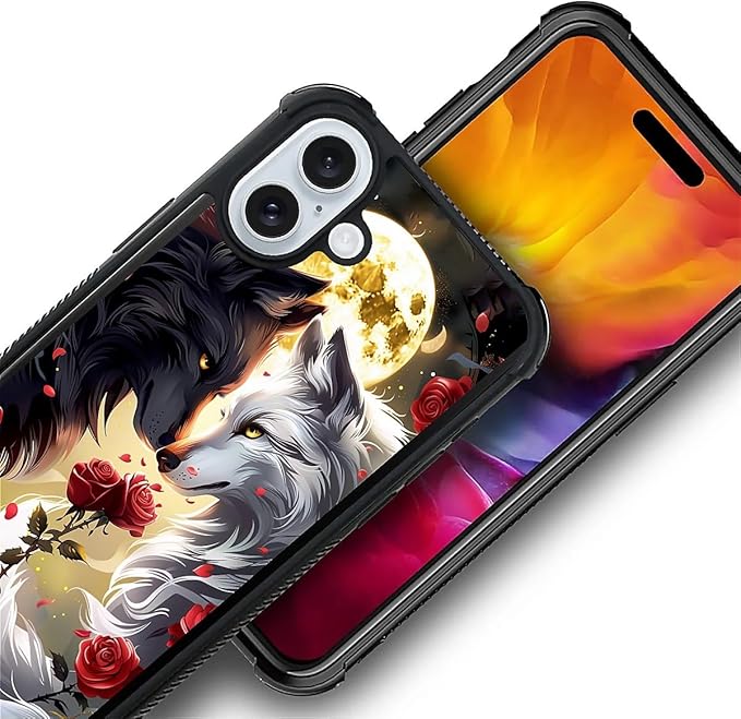 for iPhone 16 Plus Case, Black White Wolf Moon Flower Rose Pattern Graphic Design Girl Boy Soft Silicone Hard Acrylic Shock Protection for iPhone 16 Plus