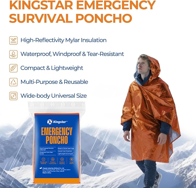 K Kingstar 2 Pack Emergency Mylar Poncho, Waterproof Rain Ponchos, Reusable Packable Ponchos, Survival Blanket Poncho for Outdoor Camping & Hiking, Rescue, Car Emergency Kit, Shelter/Tent Cover