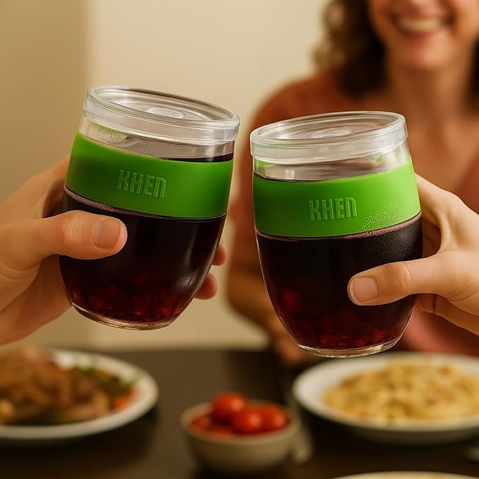 Freezable Wine Tumbler Set with Lids & Green Grip - 2 Set - 13 oz Tumblers Insulated Cooling Gel Glasses – Reusable Double Wall Stemless Cups for Keeping Drinks Cold, Outdoor Entertaining & Gifts