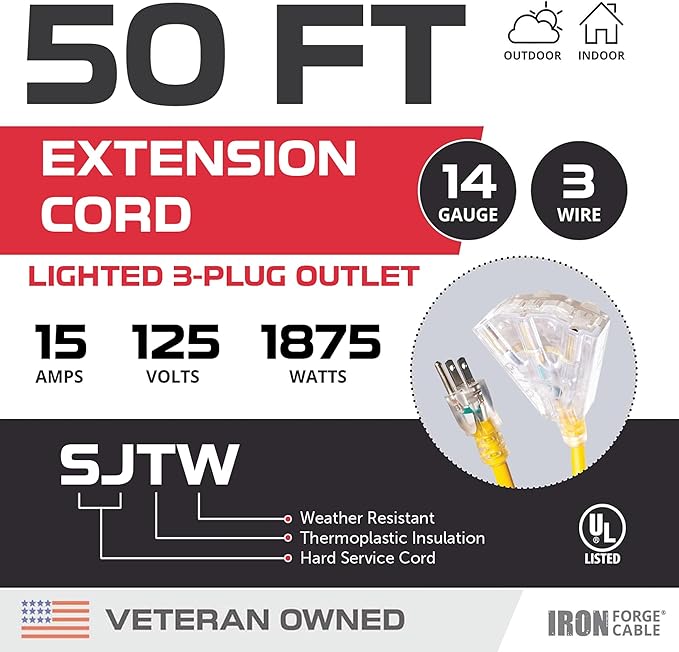 Iron Forge Cable 50ft Yellow Outdoor Extension Cord with 3 Outlets - 14/3 SJTW 15 Amp 50ft Extension Cord 3 Prong - Multiple Outlets with Lighted End