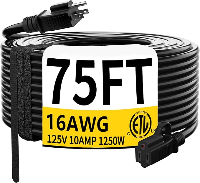HUANCHAIN Black Outdoor Extension Cord 75 FT Waterproof, Flexible 16/3 Gauge Power Cord Extension 3 Prong 10A 1250W SJTW ETL Listed