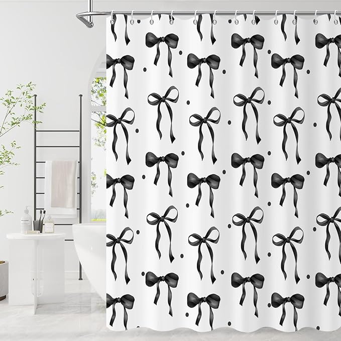 Black Bow Shower Curtain, Black and White Modern Aesthetic Bowknot with Polka Dot Cute Girly Bathroom Curtain Waterproof Fabric Machine Washable with Hooks, 48" Wx72 L