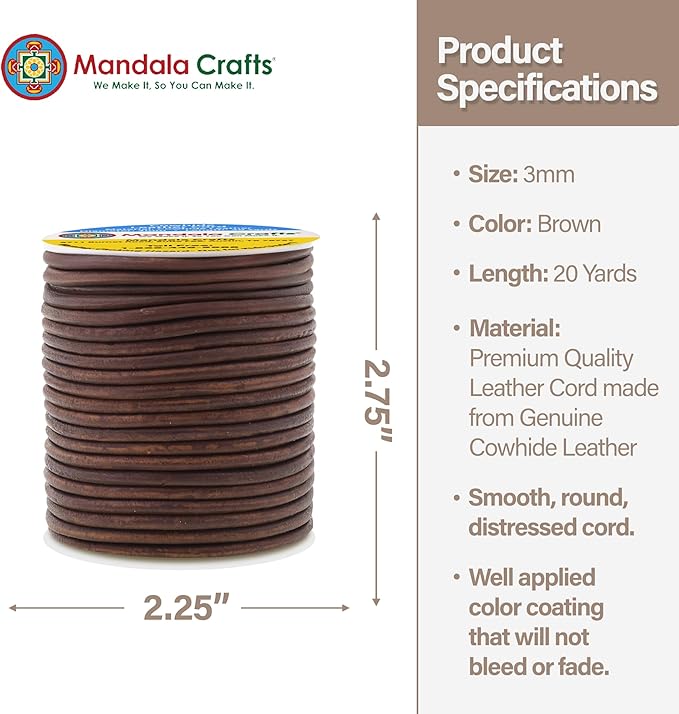 Mandala Crafts Round Genuine Distressed Brown Leather Cord for Jewelry Making – 3mm Cowhide Leather Rope String Lace for Kumihimo – 20 Yards Cowhide Craft Cording Spool
