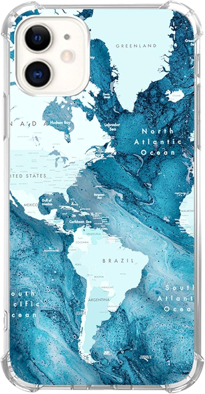 Aesthetic Blue World Map Case for iPhone 11, Blue Oceans Slim Shockproof TPU Bumper Anti-Scratch Protective Cover Case for iPhone 11