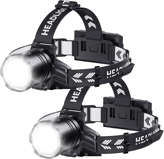 Super Bright Headlamp 2-Pack, Rechargeable 99000 Lumens Head Lamps for Adults, 7 Modes, Zoomable Head Light, USB-C Fast Charging, Waterproof for Camping, Hiking, Fishing