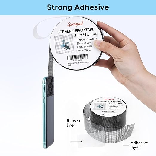 Secopad Black Window Screen Repair Tape, 2IN X 35FT (420IN) Screen Repair Kit for Windows or Doors, Strong Adhesive Patch Kit Fiberglass Mesh Tape