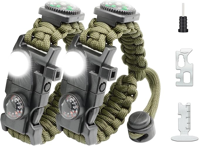 20 in 1 Survival Paracord Bracelet Adjustable Gear Kit with SOS LED Light, Fire Starter, Bigger Compass, Survival Whistle, Perfect for Camping, Hiking, Fishing