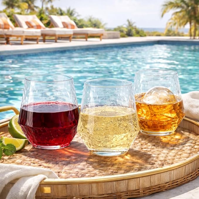 Oojami 40 count Diamond Unbreakable Stemless Plastic Wine Champagne Whiskey Glasses Elegant Durable Disposable Indoor Outdoor Ideal for Home, Office, Bars, Wedding, 12 Ounce Cups (Hammered Clear)