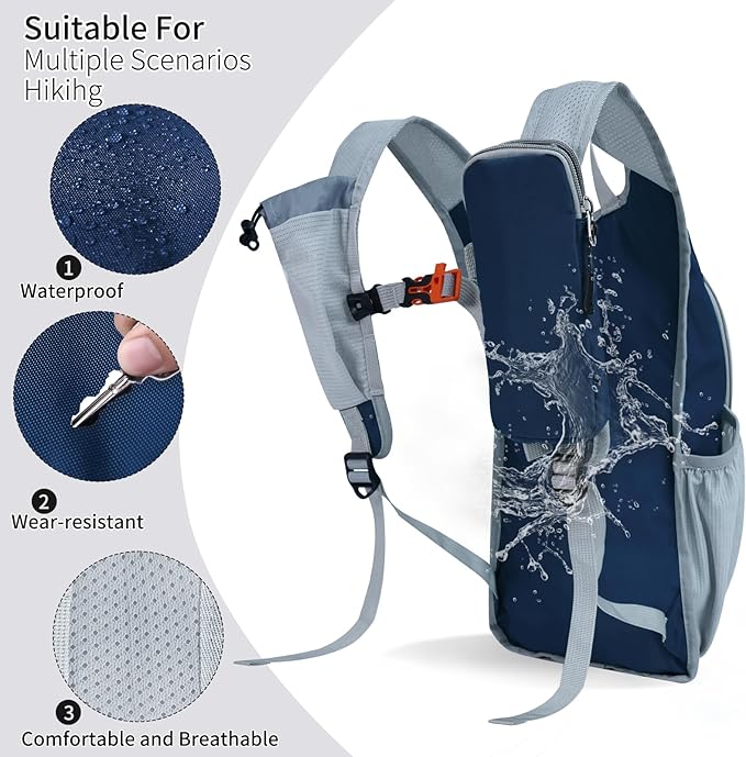 Hiking Backpack 10L/15L Small Daypack Lightweight Packable Travel Foldable Water Resistan for Women Men (Navy Blue, 15L)