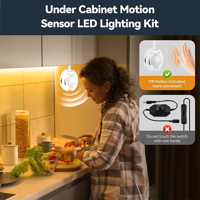Under Bed Lights Dual Motion Sensor Light Indoor, 19.69Ft Warm White Motion Activated LED Strip Lights Two End Sensor, 12V Dimmable Motion Sensor LED Strip Night Light for Bedside Cabinet Stair Closet