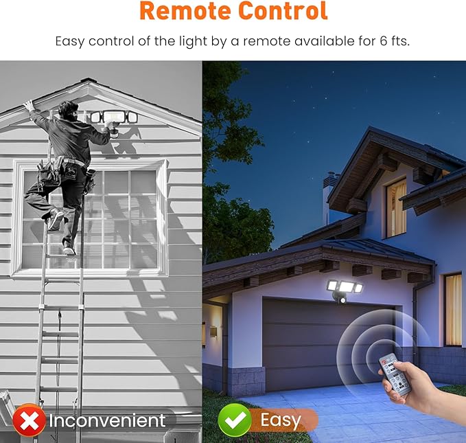 ALUSSO Motion Sensor Outdoor Lights 120V, 36W 3000LM Flood Lights Outdoor Motion Sensor with Remote, Dimmable Brightness 3000K-6000K CCT IP65 3 Heads Outdoor Flood Light for House Garage 2 Pack