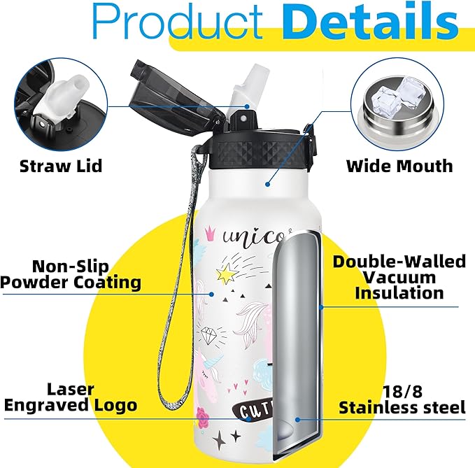 Han's Bottle Kids Water Bottle with Straw Lid - Insulated Stainless Steel Reusable Tumbler for Girls,Boys,Thermo Mug,17oz,Unicorns Girl
