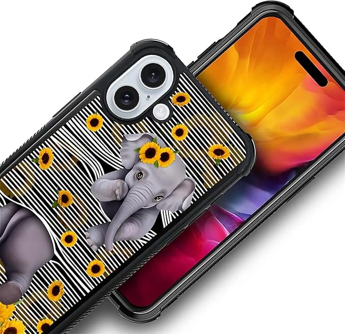 for iPhone 16 Plus Case, Cute Little Elephant Sunflower White Line Art Pattern Graphic Design Girl Boy Soft Silicone Hard Acrylic Shock Protection for iPhone 16 Plus