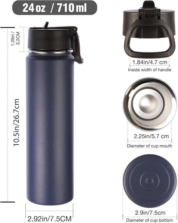 Volhoply 24oz Insulated Water Bottle With Straw Bulk 6 Pack,Metal Wide Mouth Water Bottles With Handle Lid Keep Cold,Reusable Double Wall Cups,Powder Coated Sport Bottle For Holder(Navy,6 Count)