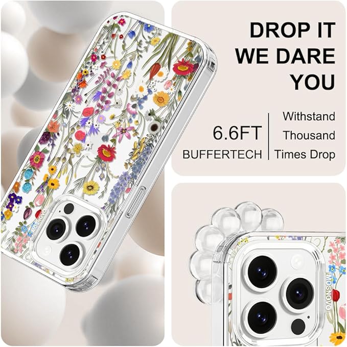 MOSNOVO Case for iPhone 14 Pro Max, [Buffertech 6.6ft Military-Grade Drop Protection] [Anti Peel Off Tech] Clear TPU Bumper Phone Case Cover Design - Wildflower Meadow