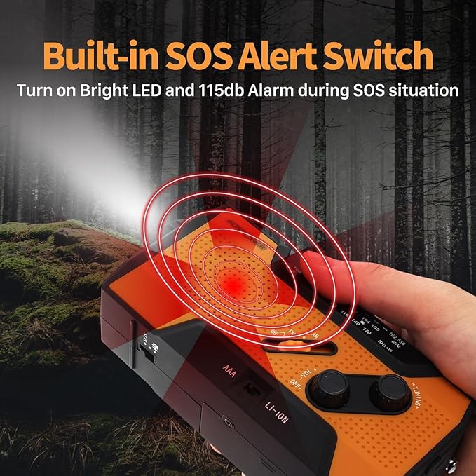 FosPower NOAA Emergency Weather Radio A1 7400mWh Portable Power Bank, AM/FM, USB/Solar/Hand Crank Charging, Battery Operated, SOS Alarm & Flashlight for Indoor/Outdoor Emergency - Orange