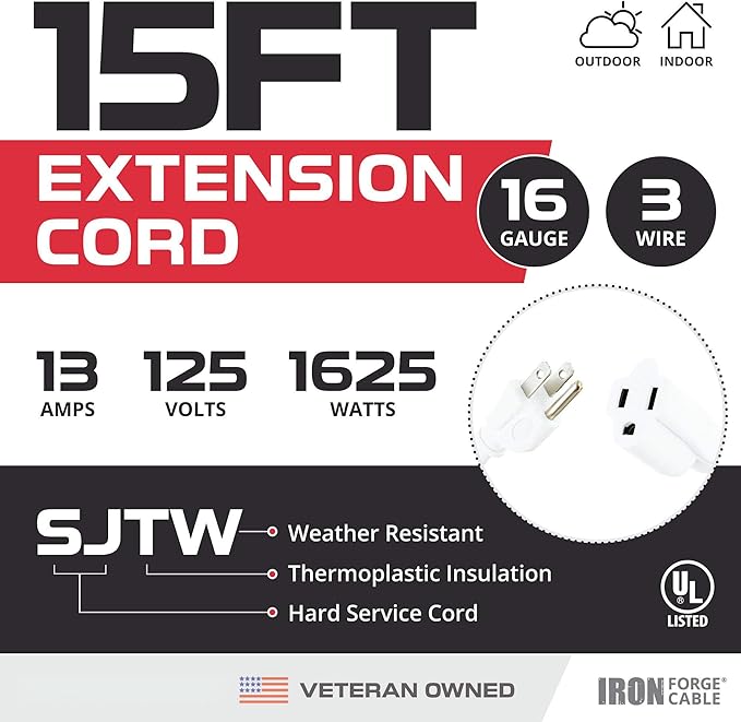 Iron Forge Cable Weatherproof 15 Ft Outdoor Extension Cord - 16/3 SJTW Heavy Duty White Extension Cord 15ft 3 Prong - 13 Amp Exterior Power Cable