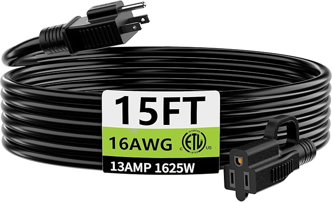 HUANCHAIN Indoor Outdoor Black Extension Cord 15 ft Waterproof, 16/3 Gauge Flexible Cold-Resistant Appliance Extension Cord Outside, 13A 1625W 16AWG SJTW, 3 Prong Electric Cable, ETL