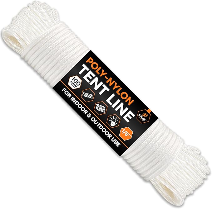 Line Nylon Cord - 100 Ft White Reflective Guyline - Camping Rope, Guy Lines, Tie Down Rope - Tent Accessories & Cordage