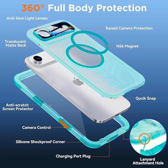 WIFORT for iPhone 17 Air Waterproof Case, [Fit for Magsafe] with Sapphire Lens & Screen Protector, IP68 Full Body 15FT Military Shockproof, Magnetic Frosted Phone Cover with Lanyard, 6.5" Teal