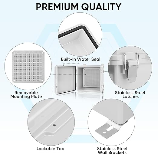 TICONN Outdoor Electrical Box Waterproof, Junction Box IP67 ABS Plastic Enclosure with Hinged Cover with Mounting Plate, Wall Brackets, Cable Glands (Off-White, 11.8"x11.8"x7.1")