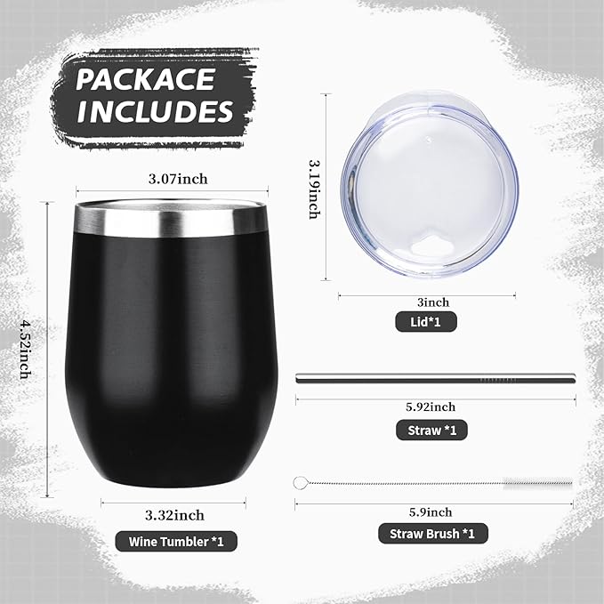 12oz Stemless Wine Tumbler with Lid Double Wall Insulated Wine Cup Stainless Steel Glasses Tumbler with Straw Insulated cocktail Tumbler Coffee Mug for Hot and Cold Beverages (Multicolor-7,4Pack)