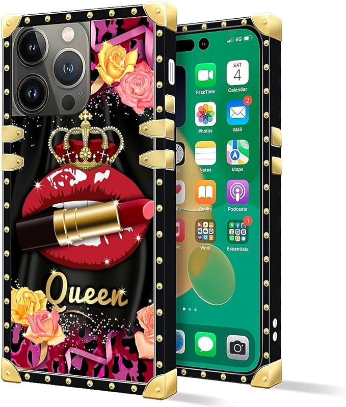 Compatible with iPhone 14 Pro Case, Queen Lip Crown Leopard Print Luxury Golden Decoration for Girl Women Soft TPU Shockproof Protective Hard PC Back for iPhone 14 Pro