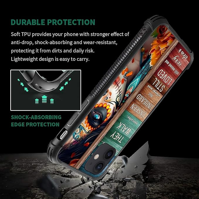 for iPhone 12/12 Pro Case, Sugar Skull Day of Death Halloween Pattern Graphic Design Girl Boy Soft Silicone Hard Acrylic Shock Protection for iPhone 12/12 Pro