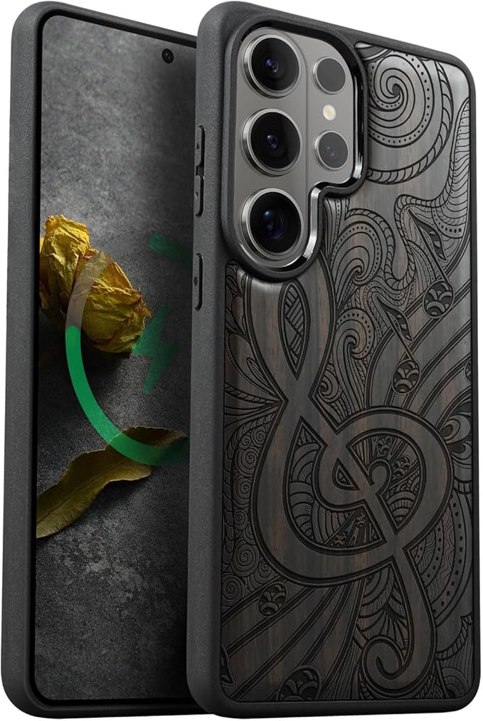 Carveit Magnetic Wooden Case for Samsung Galaxy S26 Ultra Case 2026, TPU Shockproof Cover & Wood Artisan Engraved, Compatible with MagSafe Wireless Chargers (Zen Doodle Treble Clef) Blackwood