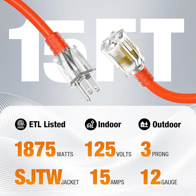 Outdoor Extension Cord 15 FT Waterproof, 12/3 Gauge Heavy Duty 3 Prong Power Cord with Lighted Indicator End, 15A 125V 1875W SJTW, ETL Listed, Great for Lawn/Garden/Home(Orange)