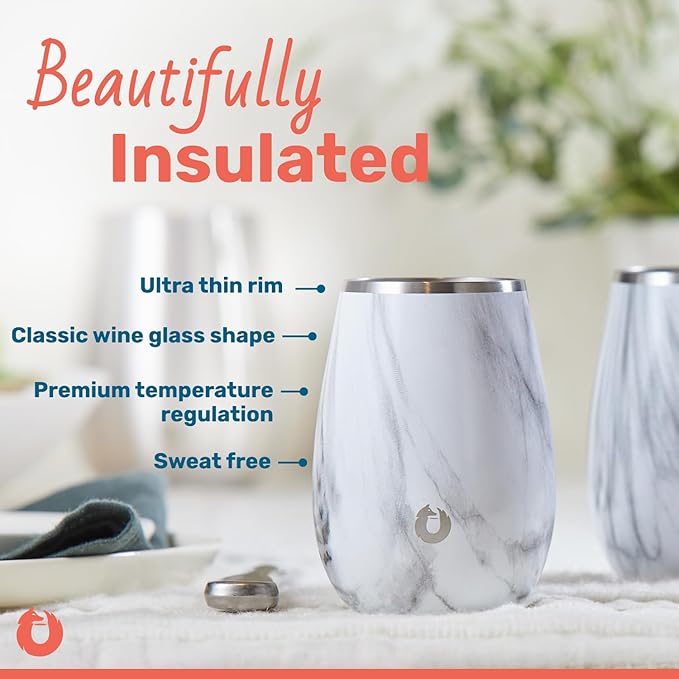 SNOWFOX Premium Vacuum Insulated Stainless Steel Classic White Wine Glass, Set of 2, Chilled Wine Stays Icy Cold, Lightweight Stemless Cocktail Glasses,Elegant Home Entertaining Barware,8oz,White/Gold