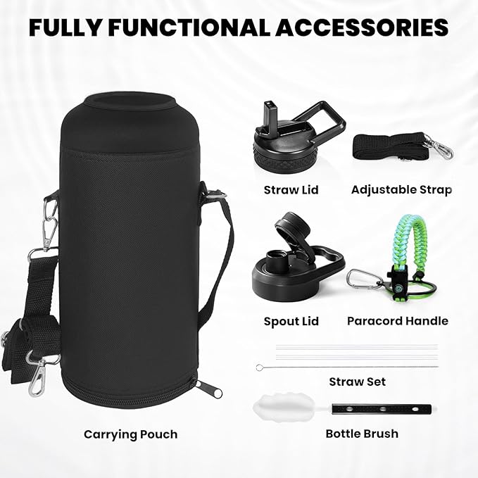 RAYMYLO Insulated Water Bottle 87 oz, Triple Wall Vacuum Stainless Steel (Cold for 48 Hrs), Leak Proof & Non-BPA, Modern Water Flask Jug with Paracord Handle & Straw Spout Lids, Ombre Green