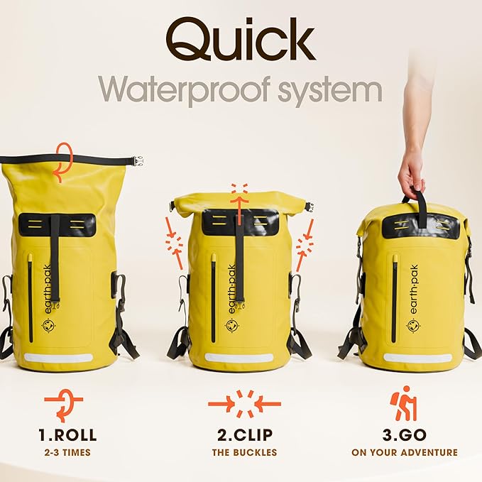 Earth Pak Waterproof Backpack - Heavy Duty Roll-Top Closure with Easy Access Front-Zippered Pocket and Cushioned Padded Back Panel for Comfort with IPX8 Waterproof Phone Case, Yellow, 85L, Messenger
