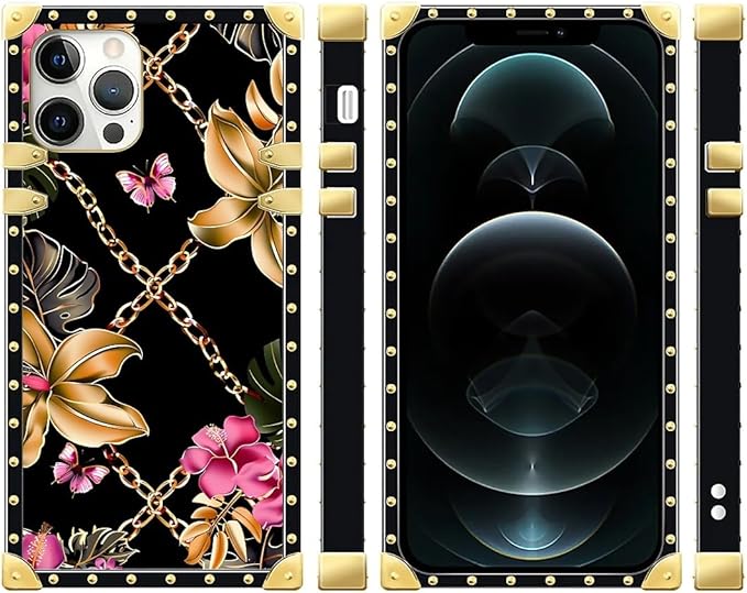 Compatible with iPhone 12 Pro Max Case, Pink Golden Chain Tropical Flower Luxury Golden Decoration for Girl Women Soft TPU Shockproof Protective Hard PC Back for iPhone 12 Pro Max