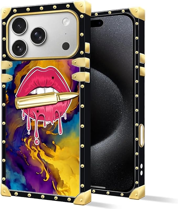for iPhone 17 Pro Max Case Luxury Golden Decoration for Girl Women Soft TPU Shockproof Protective Hard PC Back for iPhone 17 Pro Max Crazy Pattern Cool Corlorful Lip Marble