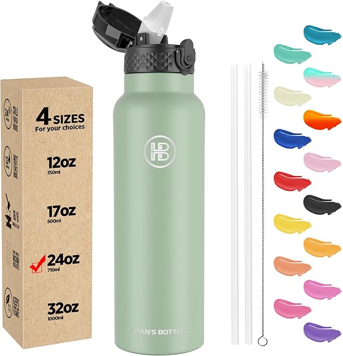 Han's Bottle Sports Water Bottle - 24 Oz, Straw Lid, Leak Proof, Vacuum Insulated Stainless Steel, Double Walled, Thermo Mug,Pine Green