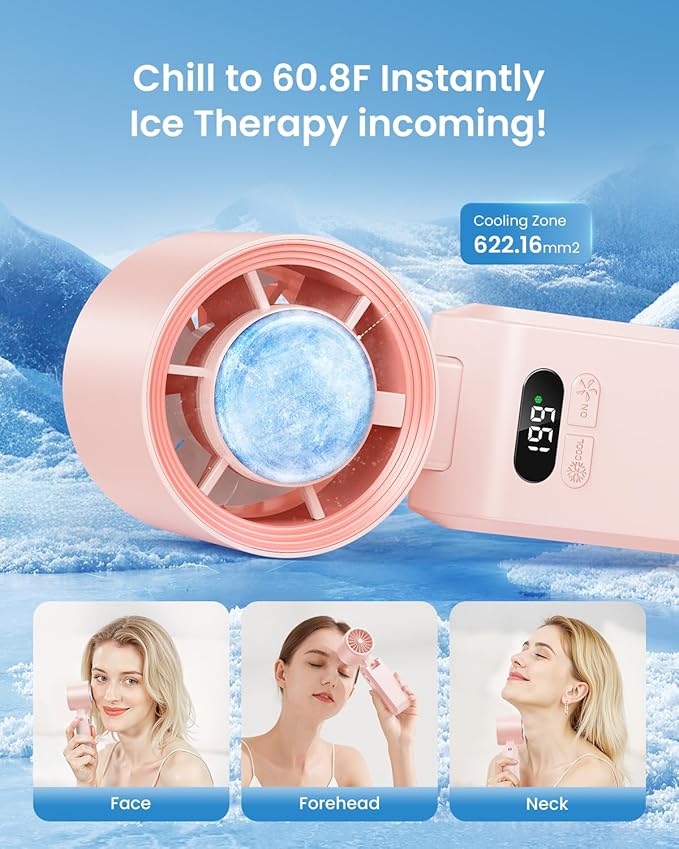 Kimguard 2 Pack Handheld Portable Turbo Fan with Ice Cooler, Speed (1-199) 5500mAh*2 Rechargeable Personal Fan,[20H Cooling Time] Mini Yet Powerful, Small Pocket Fans for Travel/Outdoor/Office, Pink