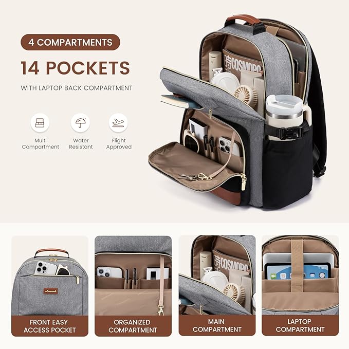 LOVEVOOK Laptop Backpack for Women with Pouch Pocket for Large Capacity Cup,18 Inch Teacher Nurse College Work Backpack Purse,Waterproof Laptop Bag Computer Back Pack for Travel, Grey-Black-Brown