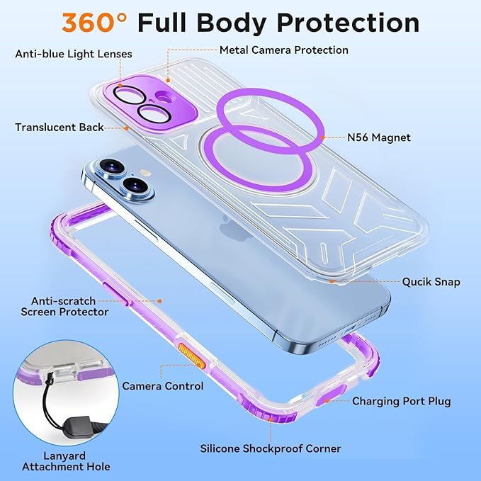 WIFORT for iPhone 16 Waterproof Case, [IP68 Underwater] [Blue Light Filter Lens] [15FT Military Shockproof], Fit for Magsafe Full Body Magnetic Frosted Phone Case with Lanyard, 6.1" Purple