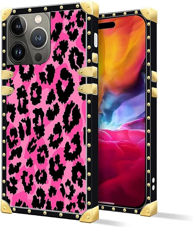 Compatible with iPhone 15 Pro Max Case, Pink Black Leopard Luxury Golden Decoration for Girl Women Soft TPU Shockproof Protective Hard PC Back for iPhone 15 Pro Max