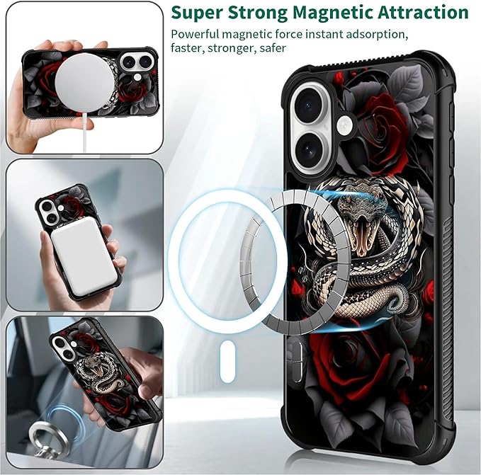 for iPhone 17 Case,for MagSafe Graphic Design for Girl Boy Soft Silicone Hard Acrylic Shock Protection Designed for iPhone 17 Entwined Rose Snake Pattern