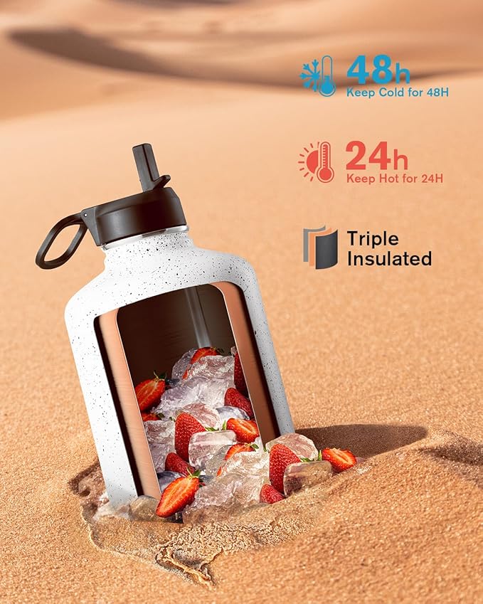 Coolflask 128 oz Gallon Water Bottle Insulated with Straw&3 Lids, Water Jug Large Stainless Steel Metal Vacuum Wide Mouth for Sports, Gym or Office, Non-BPA Keep Cold 48H Hot 24H, Arctic White