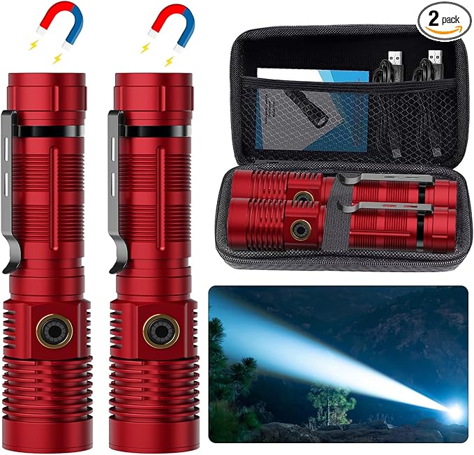Hoxida Small Tactical Flashlights High Lumens - 1500 Meters Long Beam Super Bright LED Magnetic Flashlight USB Rechargeable Zoomable 5Modes Long Beam Spotlight Flashlight for Hiking, Camping-Red