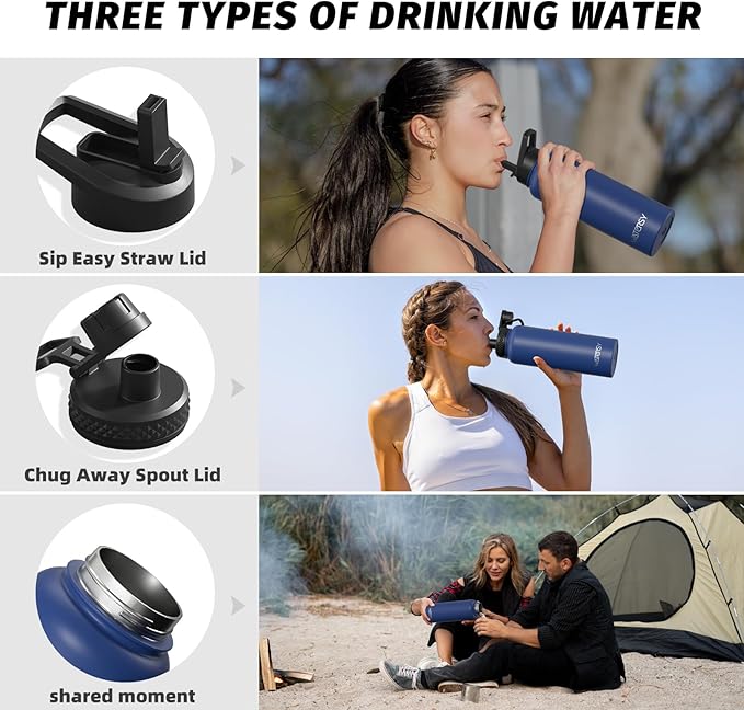 40oz Insulated Water Bottle (Cold for 48 Hrs),BPA Free&Leak Proof,Stainless Steel Water Flask,Water Jug with Straw Spout Lids for Gym,Hiking,Travel,Deep Blue