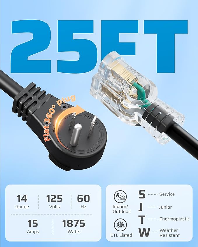 DEWENWILS 360° Rotating Flat Plug Extension Cord, 25FT Black Extension Cord, 3 Prong 14/3 Gauge Grounded Power Cord, Lighted Outlet, 125V/15A/1875W, STJW for Outdoor/Indoor, ETL Listed