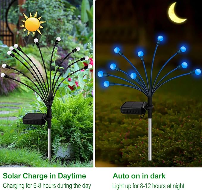 Kohlrabi Solar Garden Lights Outdoor, 2 Pack 16 LED Solar Blue Firefly Lights Waterproof, Sway by Wind, Swaying Light for Yard Patio Backyard Garden Planter Flower Bed Pathway Outdoor Decoration