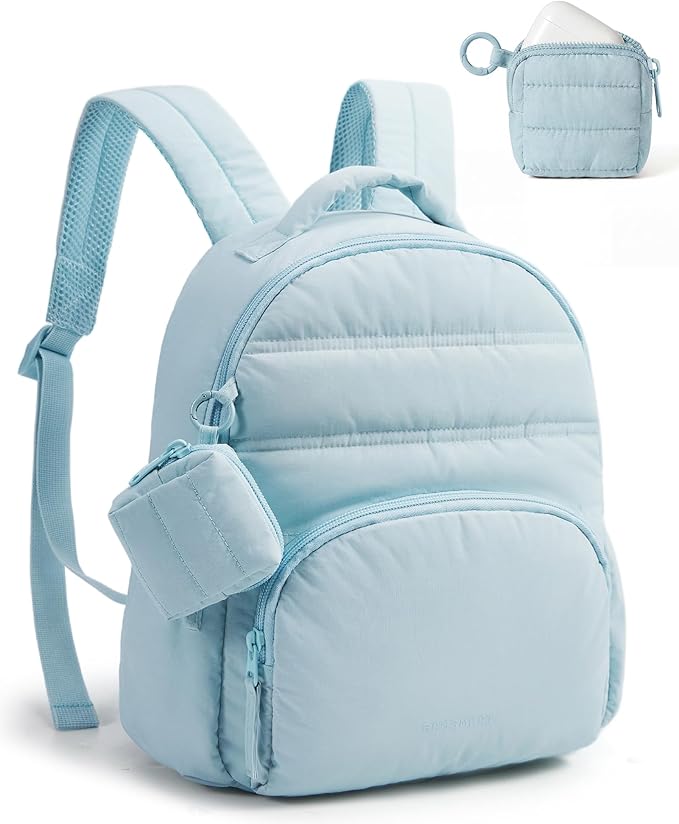 BAGSMART Small Backpacks for Women, Lightweight Puffer Mini Backpack Purse with Pouch, Quilted Casual Daypack, Water-Resistant Bookbag for Daily Travel College, 2-in-1 Set, Baby Blue
