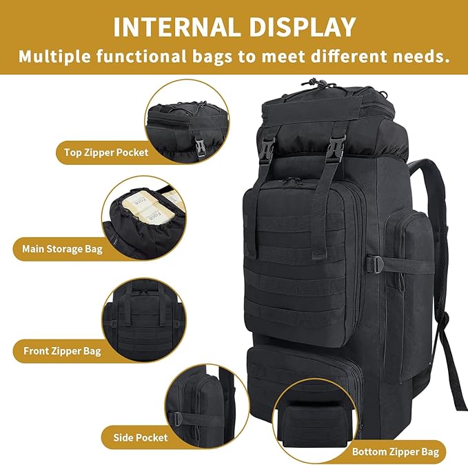 80L Hiking Backpack Men Camping Backpack, Waterproof MOLLE Military Tactical Rucksack, Large Capacity Assault Pack for Outdoor Survival, Trekking, Travel (Black)