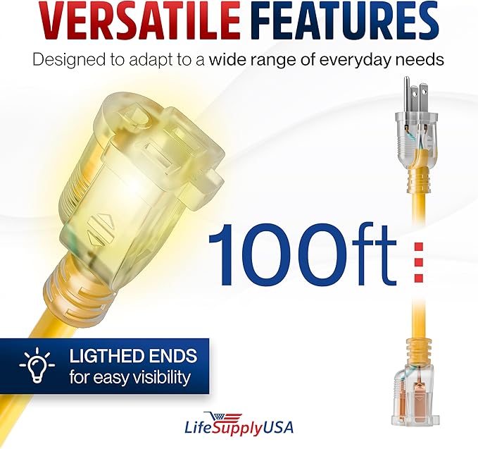 100ft Outdoor/Indoor Extension Cord 16/3 Gauge Heavy Duty 3 Prong SJTW, Waterproof, Flexible Cold-Resistant Long Power Cord,10A 125V 1250W, Yellow by LifeSupplyUSA