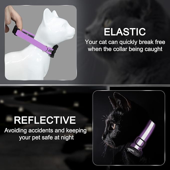 Reflective AirTag Cat Collar, Integrated Cat Tracker Collar with Air Tag Holder and Bell, Safety Elastic Band Cat GPS Collars for Girl Boy Cats, Kittens and Puppies (Lilac,XS)